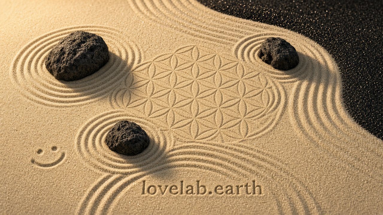 A Zen garden of raked golden sand with three volcanic stones, a Flower of Life pattern, a small smile and the words lovelab.earth drawn in the sand