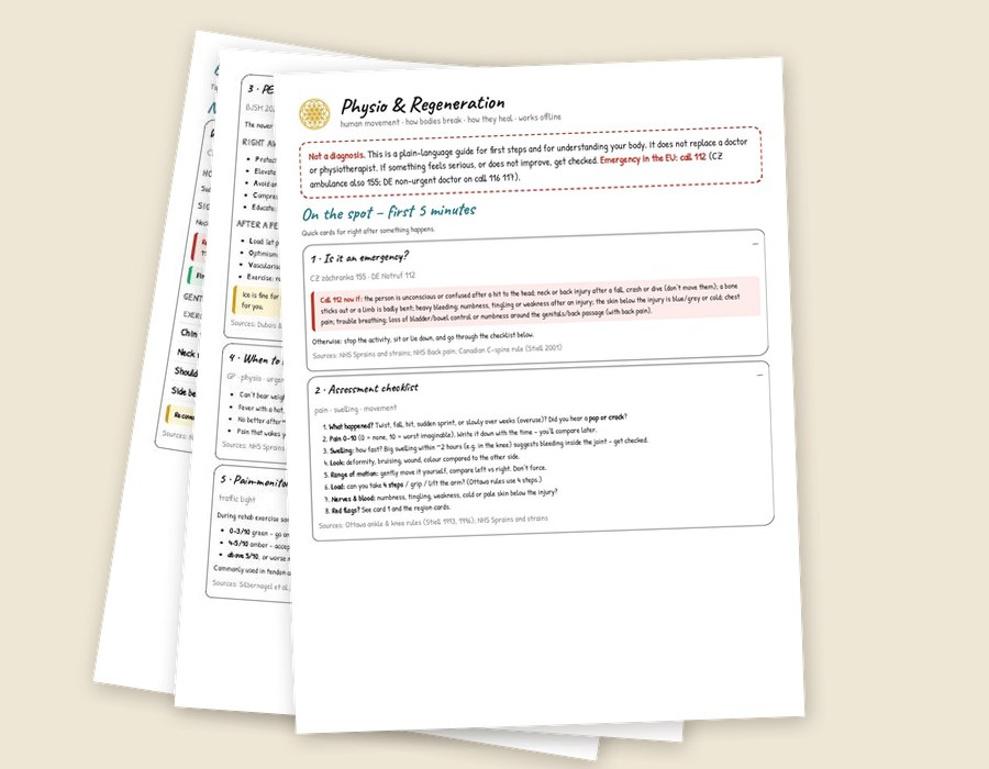 Pages of the Physio and Regeneration guide fanned out: on-the-spot cards and an assessment checklist